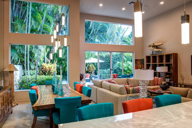 Living room - large eclectic formal and open concept ceramic tile and gray floor living room idea in Columbus with beige walls, no tv and no fireplace