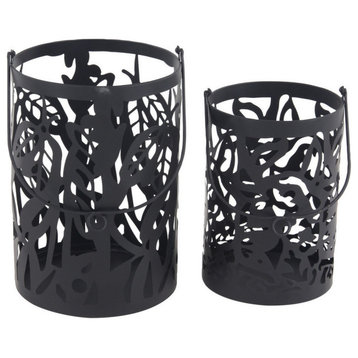 Set of 2 Eclectic 11 and 14" Round Black Iron Candle Lanterns