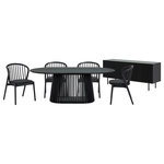 Armen Living - Pasadena Echo 6-Piece Oval Dining Set, With Buffet, Black Oak Finish - Enhance your dining space with the Pasadena Echo 6 Piece Oval Dining Set. This 6-piece dining set includes 1 Pasadena oval dining table, 4 Echo dining chairs with faux leather upholstery, and 1 Pasadena buffet cabinet. The versatile chairs merge style and functionality, making them a perfect addition to your dining room, kitchen, or even as accent pieces throughout your home. Crafted with precision and a keen eye for detail, the Echo dining chairs showcase a stunning combination of solid wood and easily maintained faux leather upholstery. The Windsor style chair back and angular frame creates a timeless silhouette. With a generous tabletop length of 79 inches and a width of 43 inches, this dining room table features a beautiful solid wood base and concrete bottom for added stability. The retro allure of mid-century design is present in the slatted pedestal base, further elevating its appeal, whilst lending its unmistakable character and attractive, architectural-like quality. The buffet is a seamless blend of form and utility. The four-door design opens to reveal ample storage space with two levels of shelves, ideal for keeping your dining essentials organized and within easy reach. Two matching wooden shelves are included, offering an elegant display area for showcasing your cherished dinnerware or decorative items. The shelves are adjustable to 3 available heights. Use it as a stylish sideboard, an entry cabinet that welcomes guests with its polished charm, or a versatile storage cabinet in the kitchen. Each piece of this 6-piece dining set offers multifunctional appeal and due to the craftsmanship and quality materials it&rsquo;s comprised of it can be enjoyed for many years to come. This dining set is available in multiple color finishes including: an all-black finish with black faux leather upholstery, a black finish table and buffet with walnut chairs and black faux leather upholstery, or a black finish table base and buffet, with walnut tabletop and chairs with black faux leather upholstery.