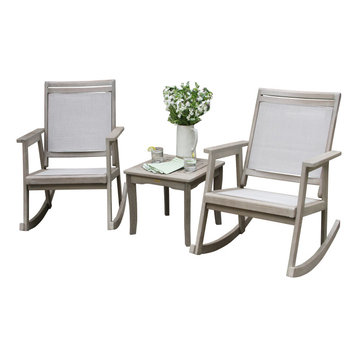 3-Piece Gray Wash Eucalyptus and Sling Rocking Chair Set With Accent Table