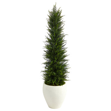 4' Cypress Artificial Tree, White Planter UV Resistant, Indoor/Outdoor