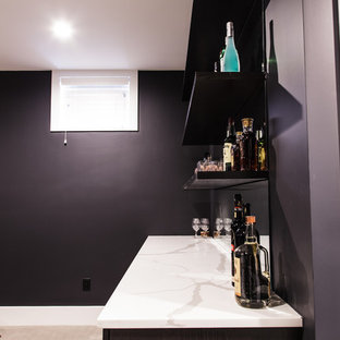 Modelo de sótano en el subsuelo de estilo de casa de campo, de tamaño medio, sin chimenea, con paredes negras, moqueta y suelo beige