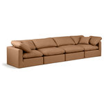 Meridian Furniture - Indulge Upholstered Modular Sofa, Cognac, 4-Piece: 2 Armless Chair, 2 Corner Chair, Fiber Stuffed Vegan Leather - Experience ultimate comfort and style with our cognac vegan leather Indulge Sofa. The luxurious vegan leather will elevate the aesthetic of any room. This sofa provides ample space for you to relax while its modular build offers the option of unlimited configurations. Whether you're looking to add a stylish element to your living room or a comfortable seating option to your bedroom, this sofa is the perfect choice.