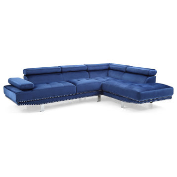 Derek 109" W 2 Piece Velvet L Shape Sectional Sofa, Navy Blue