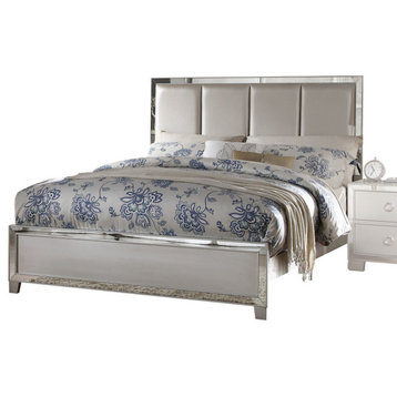 Voeville II Mirrored Bed With Upholstered Headboard, Platinum, Queen
