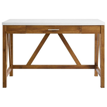 46" Wood A-Frame Desk with Natural Walnut Base and White Faux-Marble Top