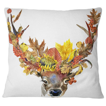 Roe Deer with Flowers Floral Throw Pillow, 16"x16"
