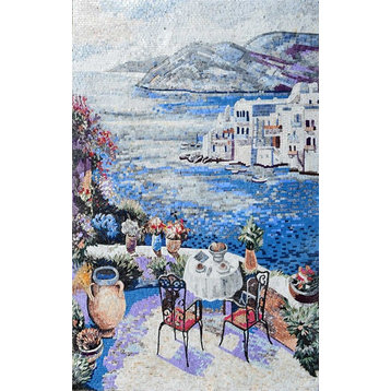 Coffee Table on A Terrace View on Marble Mosaic Mural, 41"x69"