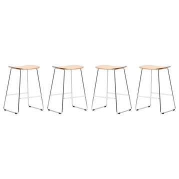LeisureMod Melrose Modern Wood Counter Stool With Chrome Base Set of 4, Natural