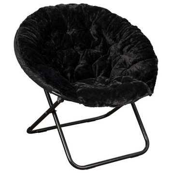 Gwen 38" Oversize Faux Fur Folding Saucer Moon Chair, Black/Black