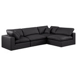Meridian Furniture - Comfy Upholstered L-Shaped Modular Sectional, Black, 4-Piece: 2 Armless Chair, 2 Corner Chair, Vegan Leather - Give your space a whole new look with this black Comfy vegan leather sectional. This handsome sectional fits nicely with other items in the Comfy collection and is a versatile seating option designed for adaptability, comfort and style. Wrapped in rich black durable vegan leathered upholstery, this sectional offers a plush embrace of overstuffed down feather cushions, carefully crafted to deliver the highest level of comfort. The perfect seat for creating an oasis for relaxation, this sectional has thick foam surrounding its frame for added support and coziness.
