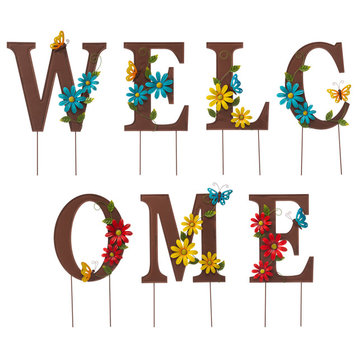 25.5"H Metal WELCOME With Flowers Yard Stake or Wall Decor, Set of 7