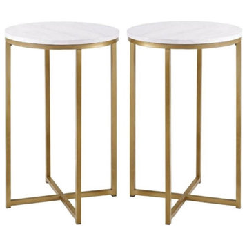 Home Square Modern Round White Faux-Marble End Table with Gold Base - Set of 2