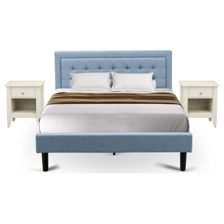 3Pc Fannin Queen Bedroom Set, 1 Bed, 2 Night Stands For Bedrooms, Denim Blue