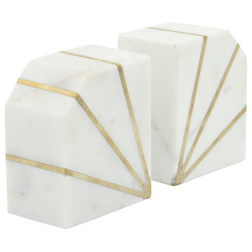 Set of 2 Marble 5" Polished Bookends With Gold Inlays, White