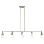 Livex Lighting - Lansdale 5 Light Brushed Nickel Large Linear Chandelier - Simplicity and attention to detail are the key elements of the Lansdale collection.  The dimensional form, exposed bulbs and combination of finishes adds a playful mood to a contemporary or urban interior. This five light linear chandelier design gives a new face to any interior.  It is shown in a brushed nickel finish.