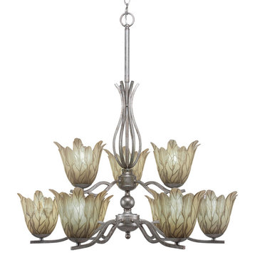 Revo 9 Light Chandelier Shown In Aged Silver Finish With 7" Vanilla Leaf Glass