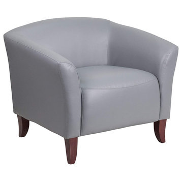 Contemporary Accent Chair, Faux Leather Seat and Slightly Curved Back, Grey