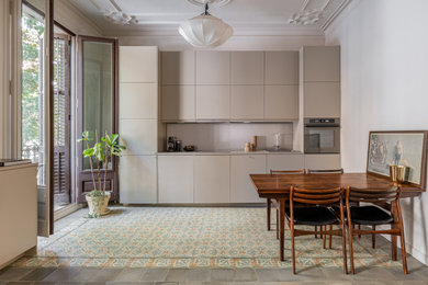 Imagen de cocina comedor lineal contemporánea sin isla con fregadero bajoencimera, armarios con paneles lisos, puertas de armario grises, electrodomésticos con paneles, suelo multicolor y encimeras grises