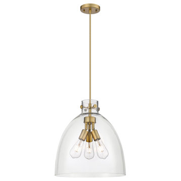 Newton Bell 3 Light 16" Cord Hung Pendant, Brushed Brass, Clear Glass