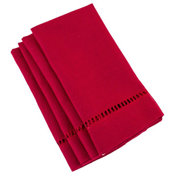 Stylish Solid Color Hemstitched Border Napkin, 18"x18" - Set of 4, Red