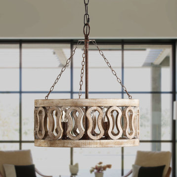 3-Light Drum Shade Wood Chandelier With 3 Chains, Weathered Wood