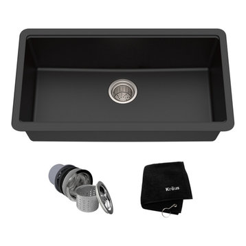 31" Undermount Granite Composite Single Bowl Kitchen Sink, Black