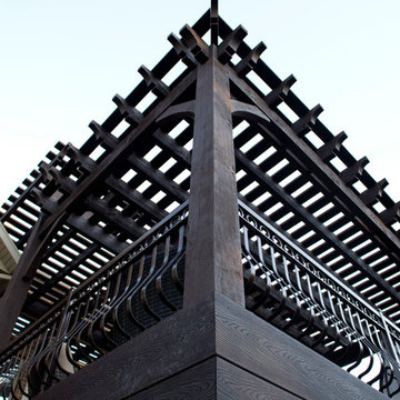 Timber Frame Tiered Pergolas, Deck, Ornamental Metal Railings