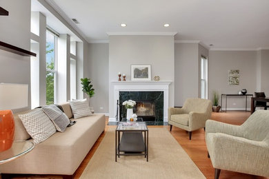 Example of a transitional living room design in Chicago