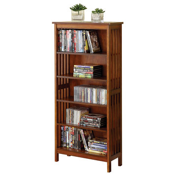 5 Tier Wooden Media Shelf With Slatted Side Panels, Oak Brown