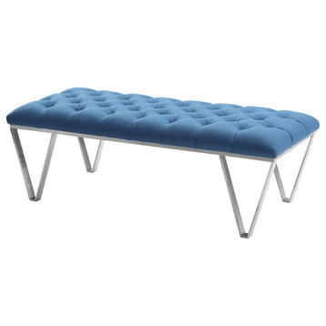 Serene Contemporary Tufted Bench, Brushed Stainless Steel With Blue Linen