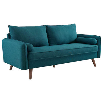Contemporary Sofa, Polyester Upholstered Seat With 2 Bolsters Pillows, Teal