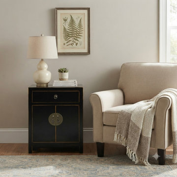 Oriental Black Lacquer Moon Face One Drawer End Table Nightstand ws5088