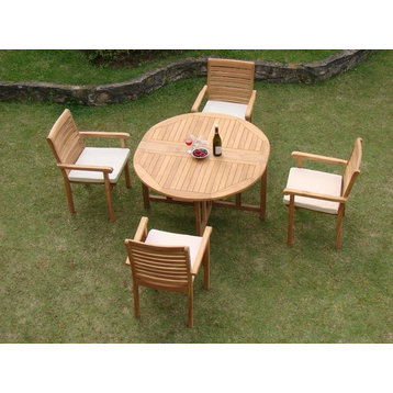 5-Piece Teak Dining Set, 48" Round Butterfly Table, 4 Hari Stacking Arm Chairs