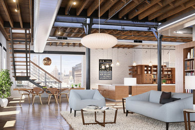 Living room - industrial formal medium tone wood floor living room idea in New York with white walls, no fireplace and no tv