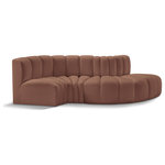 Meridian Furniture - Arc Vegan Leather Upholstered 4-Pc. S-Shaped Modular Sofa, Cognac - Unleash modern opulence with the Arc Vegan Leather 4pc. Sectional. Crafted for the modern connoisseur, this Sectional injects an air of refined luxury into any space. Its sleek silhouette, upholstered in supple cognac vegan leather, exudes timeless sophistication while the deep channel tufting adds textural intrigue, further elevating the chair's visual appeal. The modular design makes it a versatile chameleon, effortlessly adapting to your evolving needs and preferences. Whether you envision it gracing a chic living room corner, basking in the glow of a bedroom window, or adding a touch of drama to a home office, the Arc seamlessly complements your unique interior aesthetic.