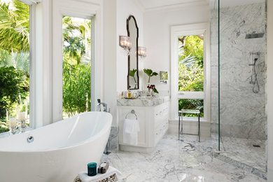 Design ideas for a large transitional master bathroom in Miami with white cabinets, a freestanding tub, a corner shower, gray tile, marble, white walls, marble floors, marble benchtops, grey floor and a hinged shower door.