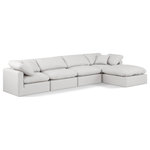 Meridian Furniture - Indulge Upholstered Modular L-Shaped Sectional, Cream, 5-Piece: 2 Armless Chair, 2 Corner Chair, 1 Ottoman, Fiber Stuffed Vegan Leather - Experience ultimate comfort and style with our cream vegan leather Indulge Sectional. The luxurious vegan leather will elevate the aesthetic of any room. This sofa provides ample space for you to relax while its modular build offers the option of unlimited configurations. Whether you're looking to add a stylish element to your living room or a comfortable seating option to your bedroom, this sofa is the perfect choice.