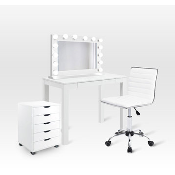 Glam Makeup Station With Hollywood Mirror, White