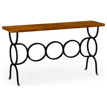 Country Walnut Console With Circular Wrought Iron Base