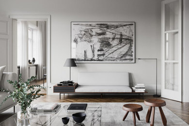 Inspiration for a scandinavian dark wood floor and brown floor living room remodel in Stockholm with gray walls and a corner fireplace