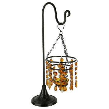 Glass Beaded Chandelier Votive Candle Holder On Stand Table Centerpiece, Amber