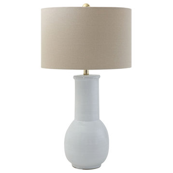 White Terracotta Table Lamp With Natural Linen Shade