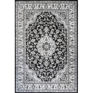 Palmette Modern Persian Floral Area Rug, Cream/Gray/Black, 4'x6'