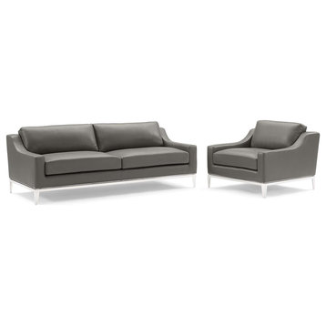 Harness Stainless Steel Base Leather Sofa and Armchair Set, Gray