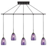 Woodbridge Lighting - Woodbridge Lighting Venezia 5-Light Pendant Chandelier, Bronze, Linear, 42"w, Mosaic Purple - The Venezia collection is a series of hanging lights featuring uniquely colored designer glass. With many color options to choose from, this transitional design can blend in many rooms with different colors and themes.   This linear pendant hangs 5 tulip shaped mosaic glasses in a row along a metal rod to create an island of contemporary taste.