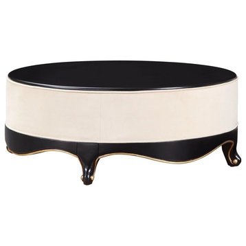 Unique Classic Coffee Table, Round Black Top and Cream Fabric Upholstered Frame