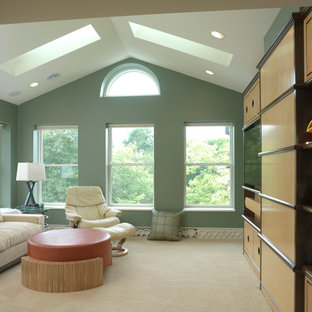 Home theater - mid-sized contemporary open concept carpeted home theater idea in Wichita with green walls and a media wall