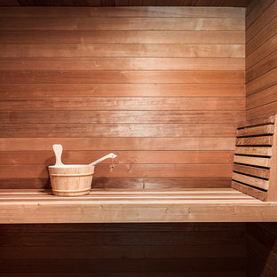 Bäder mit orangefarbenen Fliesen und dunklem Holzboden Ideen, Design