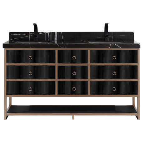 Bath Vanity, Tricorn Black, 72", Black Natural Marble Top, Double Sink